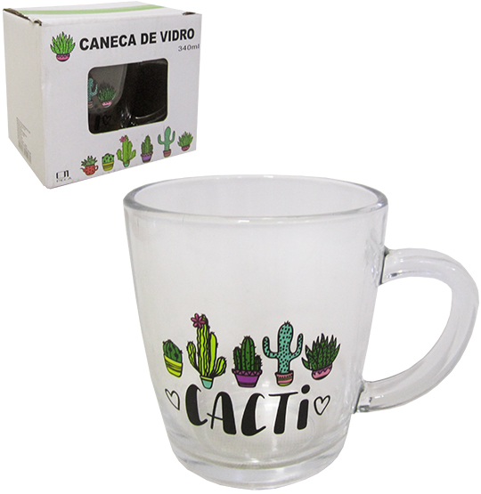 CANECA DE VIDRO CACTO 340ML NA CAIXA